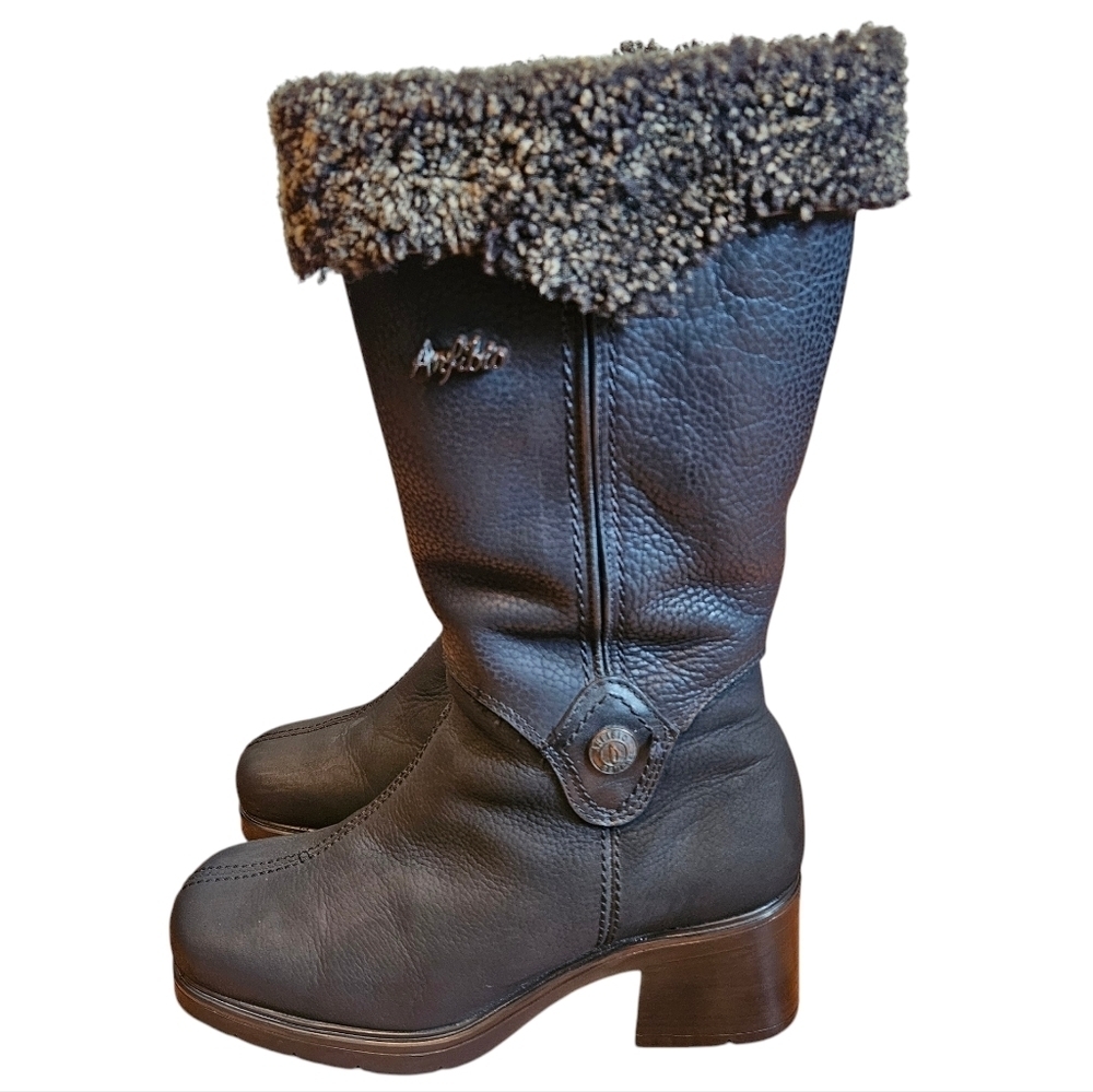 Anfibio Women's Moto Mid Calf Leather Biker Square Toe Black Boho Boots Size 37.